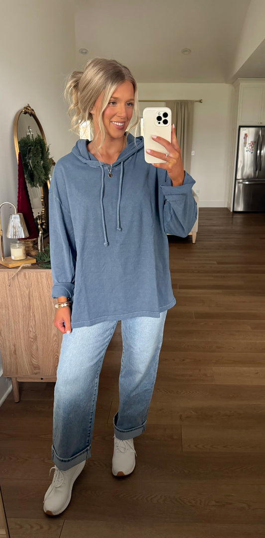 Mineral Washed Hooded Pullover - Dusty Navy