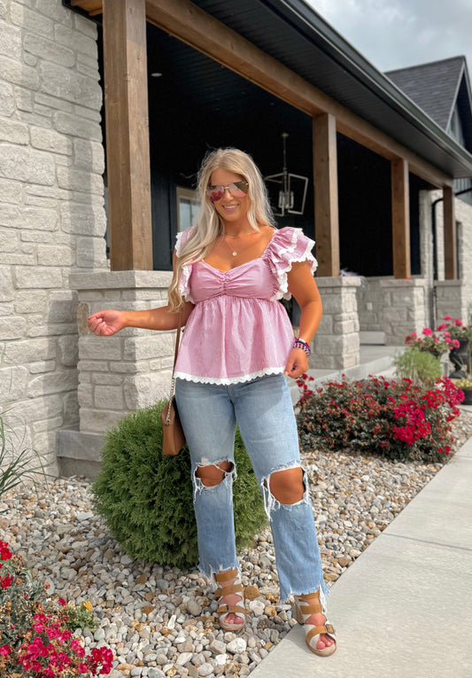 Flutter Sleeve Peplum Top - Red