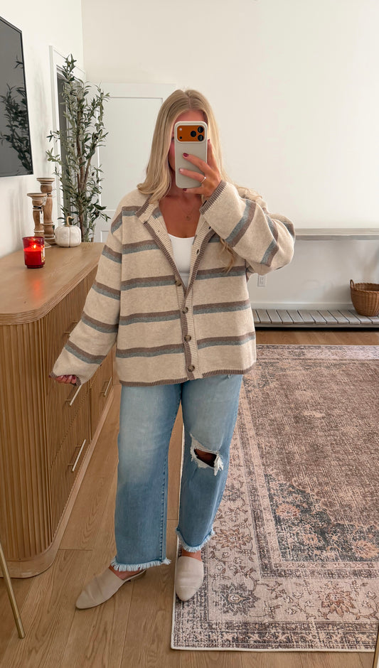 Oversized Timeless Striped Cardigan - Oatmeal