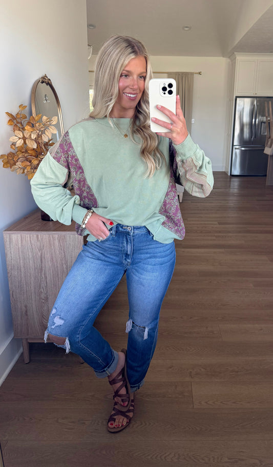 Mixed Media Pullover - Sage