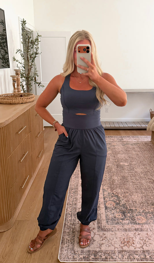 Out And About Cutout Jumpsuit - Navy