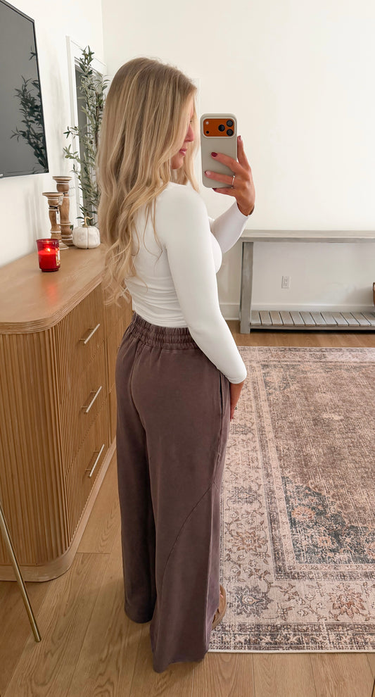 Mineral Washed Wide Leg Pants - Dk. Brown