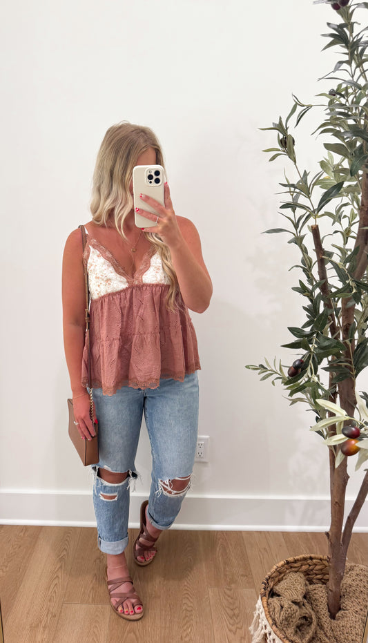 Floral Lace Tank - Brick