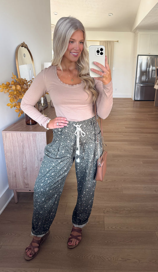 Lace Trim Long Sleeve - Taupe