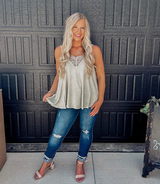 Time Well Spent Lace Tank - Sage