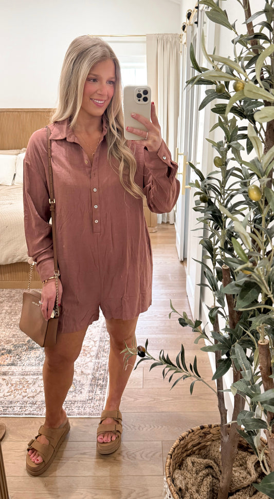 Linen Romper - Brick