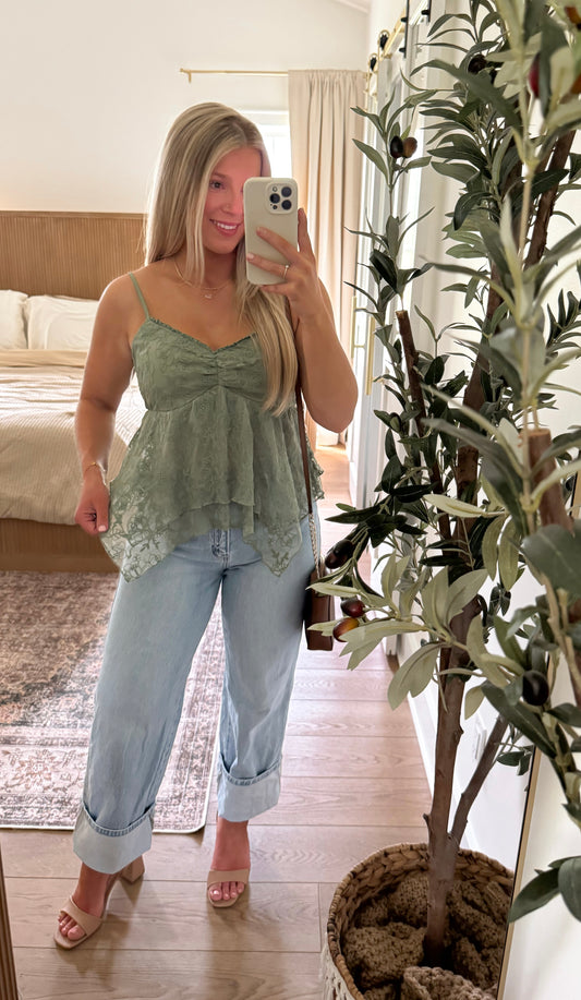 After Hours Lace Tank - Olive