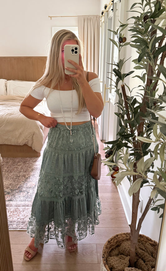 Cottage Core Embroidered Skirt - Dark Sage