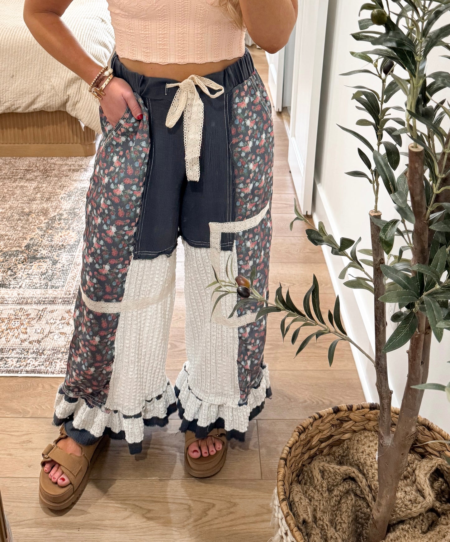 Mixed Patchwork Pants - Navy