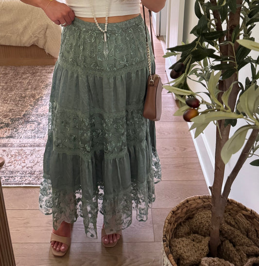 Cottage Core Embroidered Skirt - Dark Sage