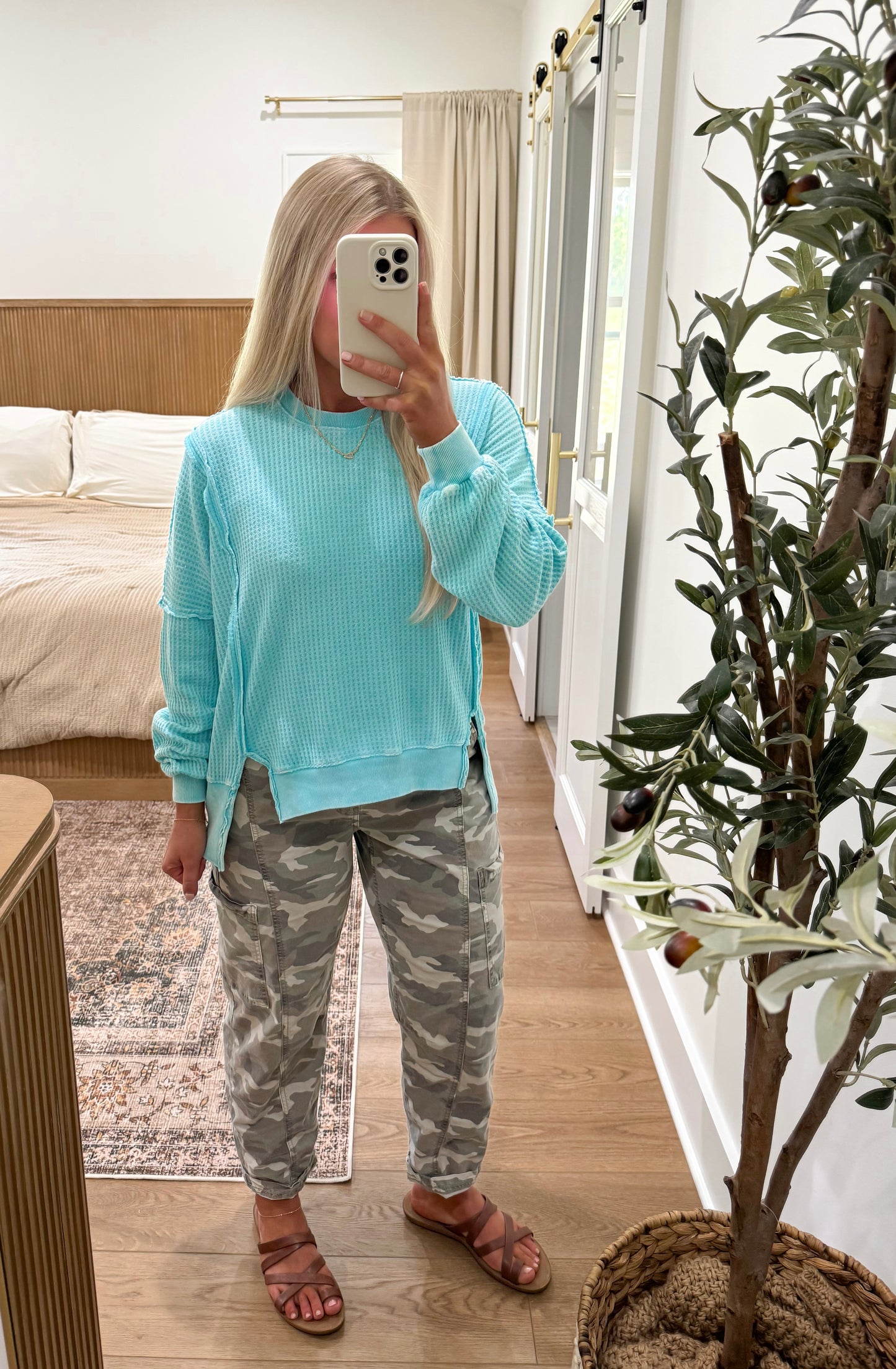 Waffle Knit Top - Aqua