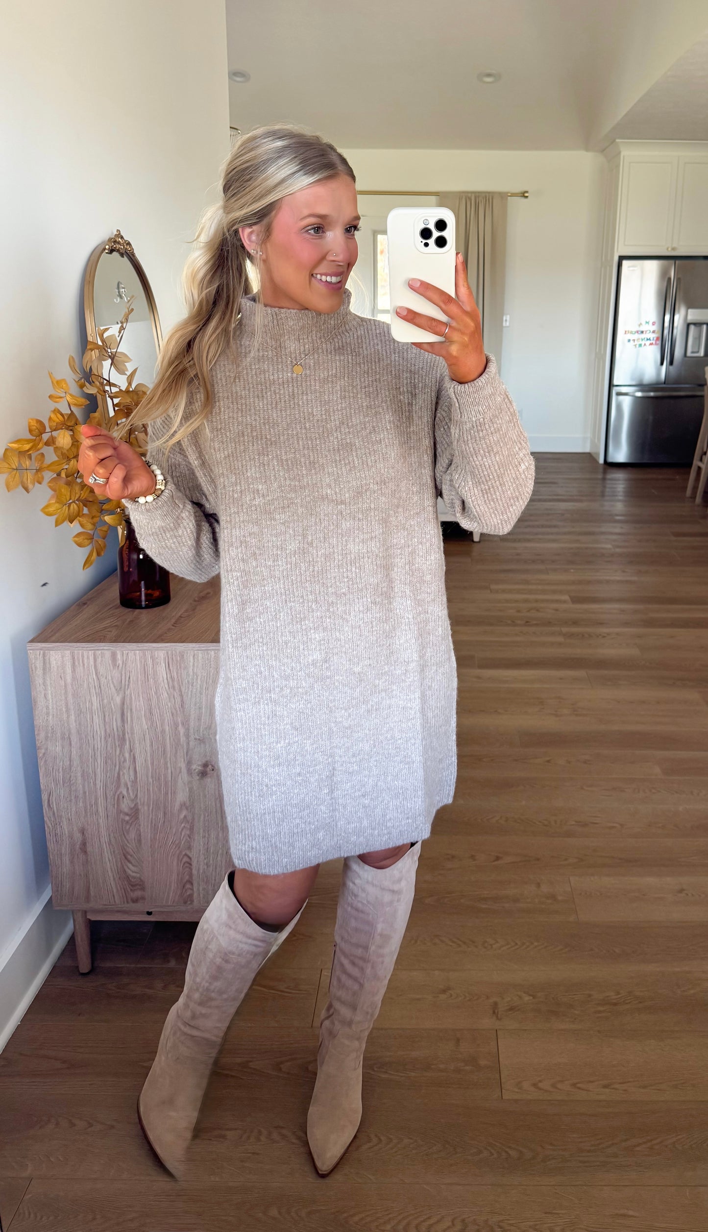 Mock Neck Sweater Dress - Latte