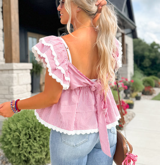 Flutter Sleeve Peplum Top - Red