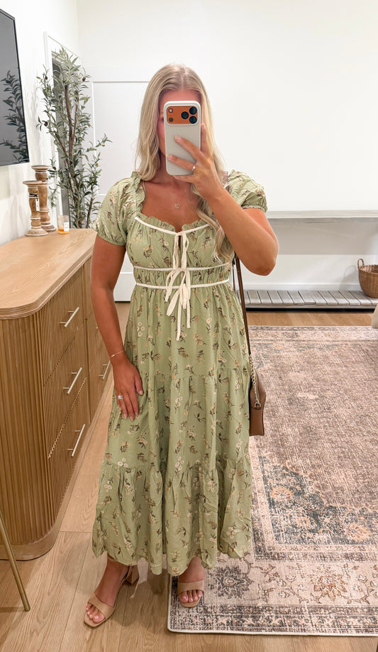 Autumn Blossoms Dress - Light Olive