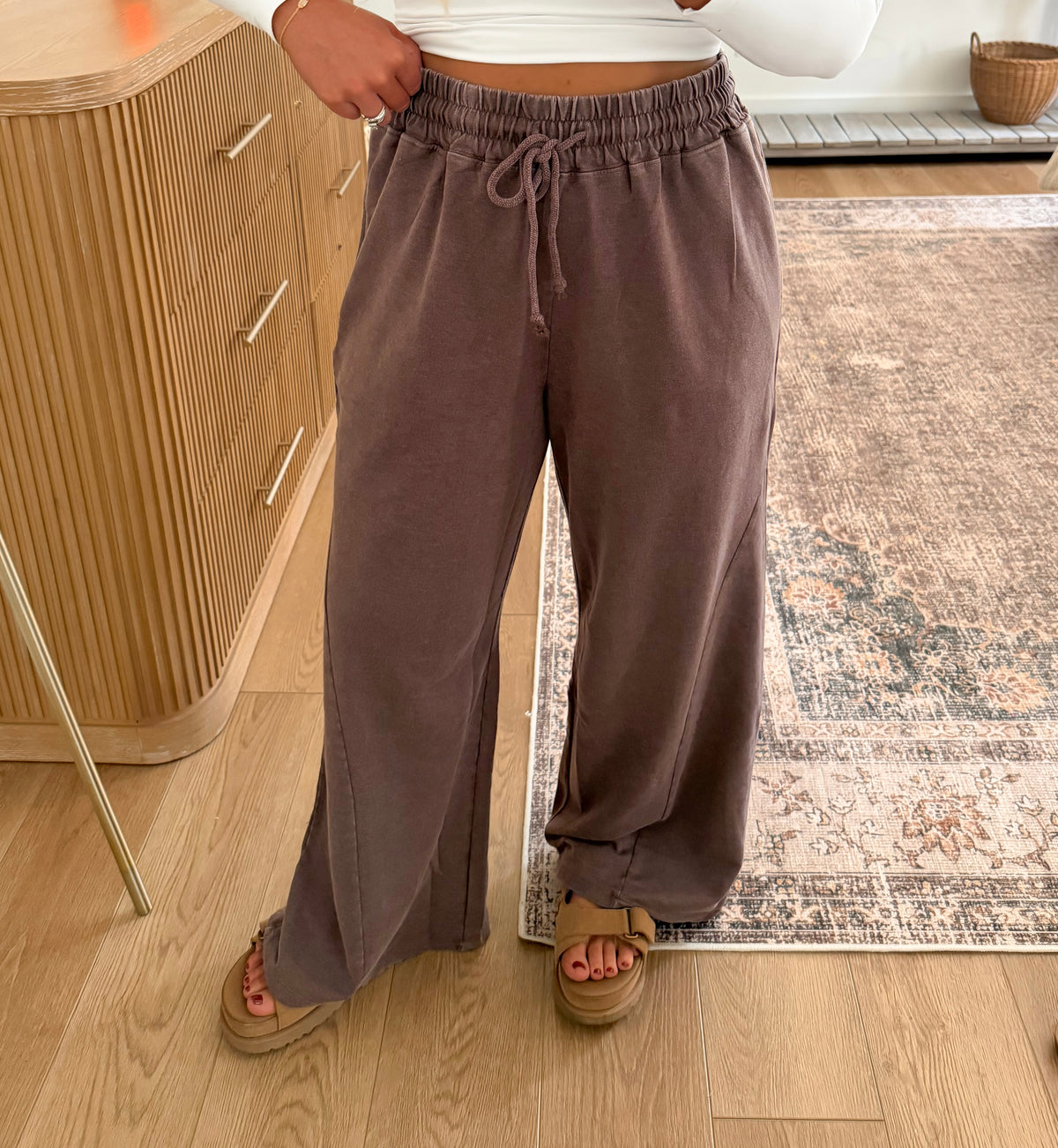 Mineral Washed Wide Leg Pants - Dk. Brown