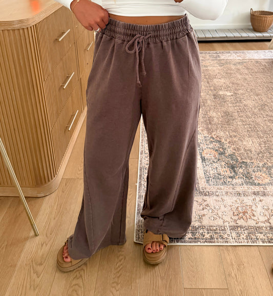 Mineral Washed Wide Leg Pants - Dk. Brown