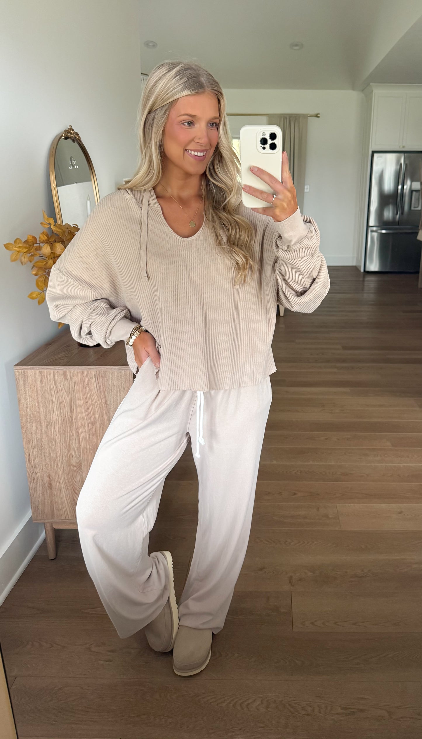 Waffle Knit Hoodie - Taupe