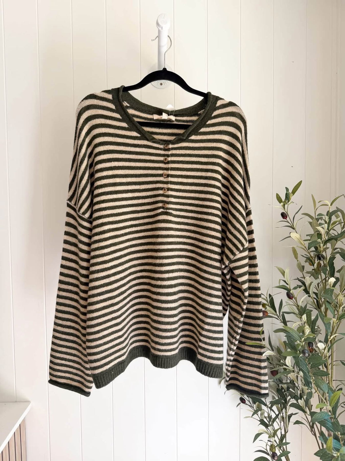 Striped Henley Sweater - Olive