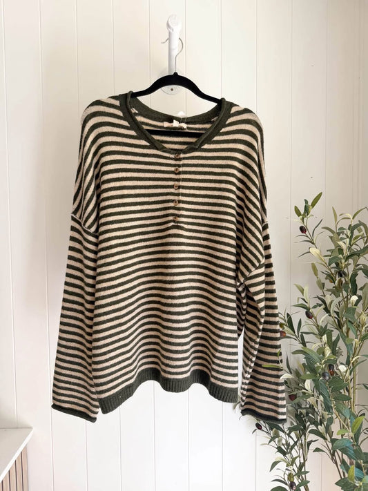 Striped Henley Sweater - Olive