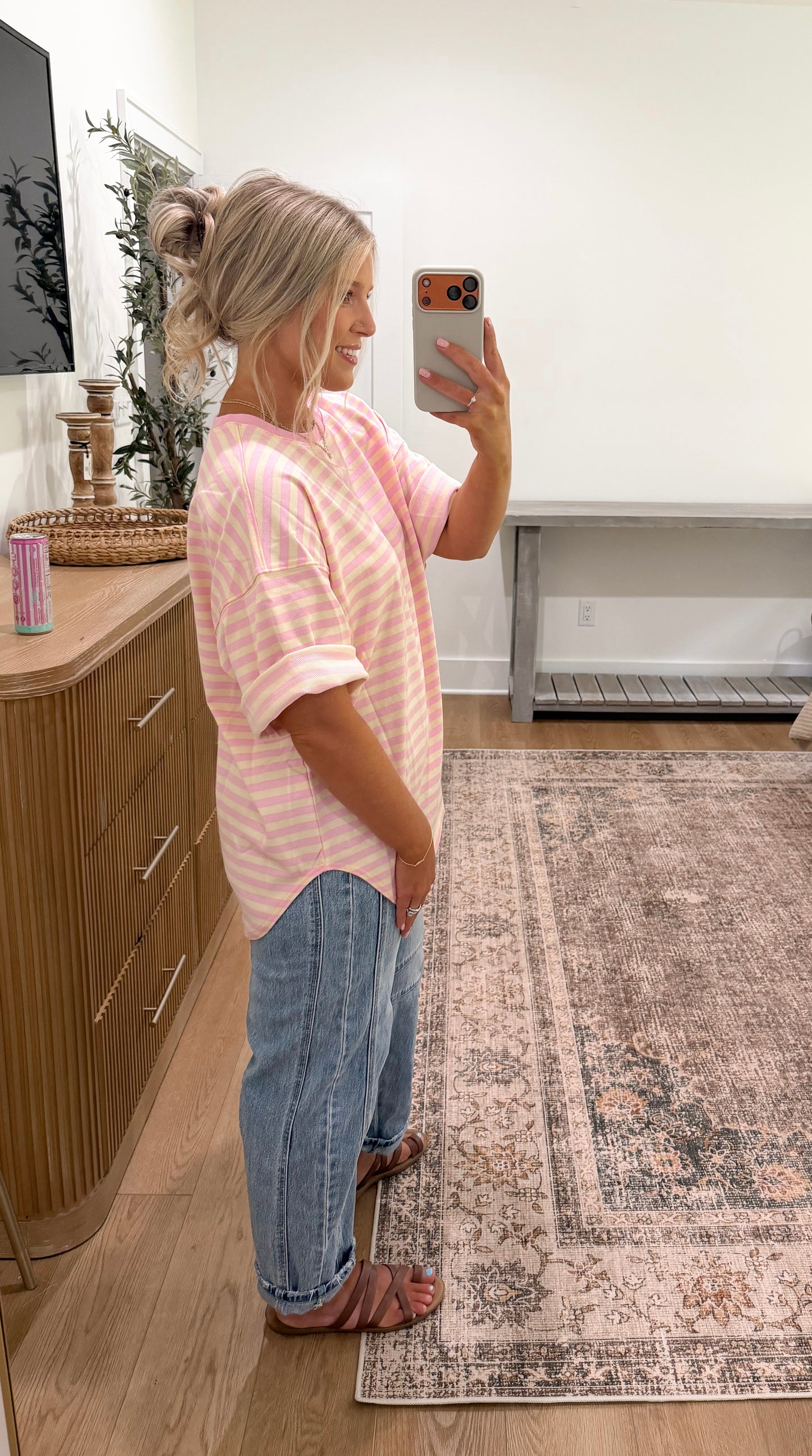 French Terry Oversized Tee - Cream Pink LARGE