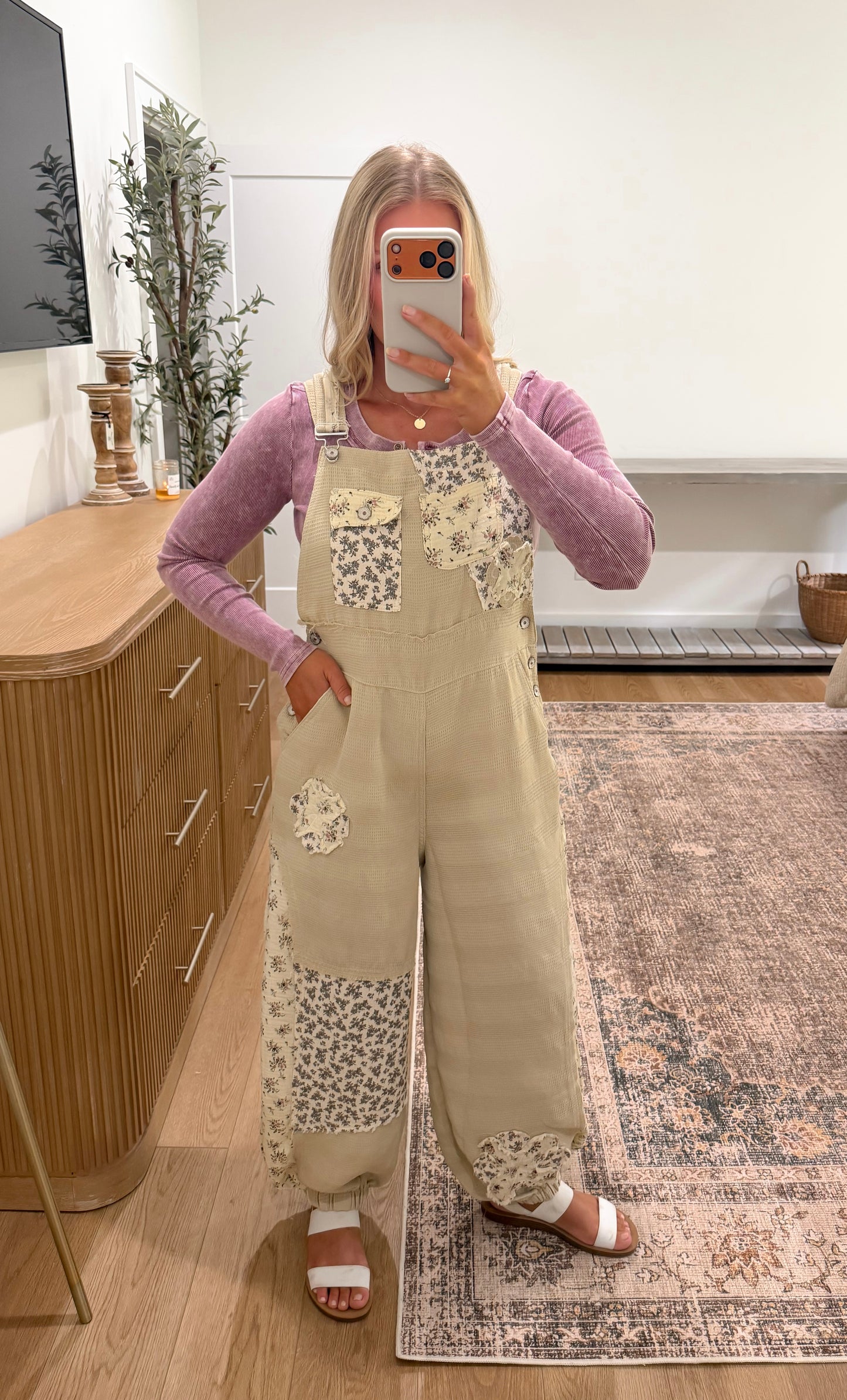 Floral Patchwork Overalls - Taupe