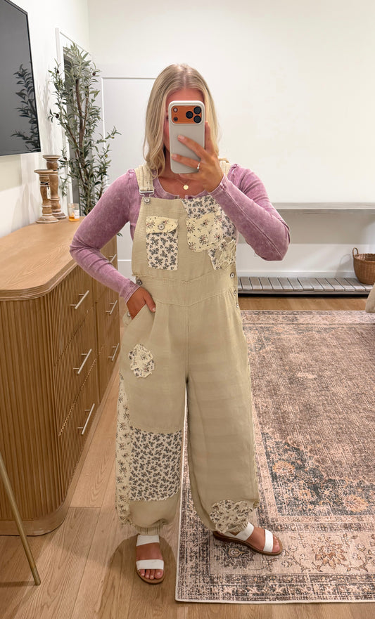 Floral Patchwork Overalls - Taupe