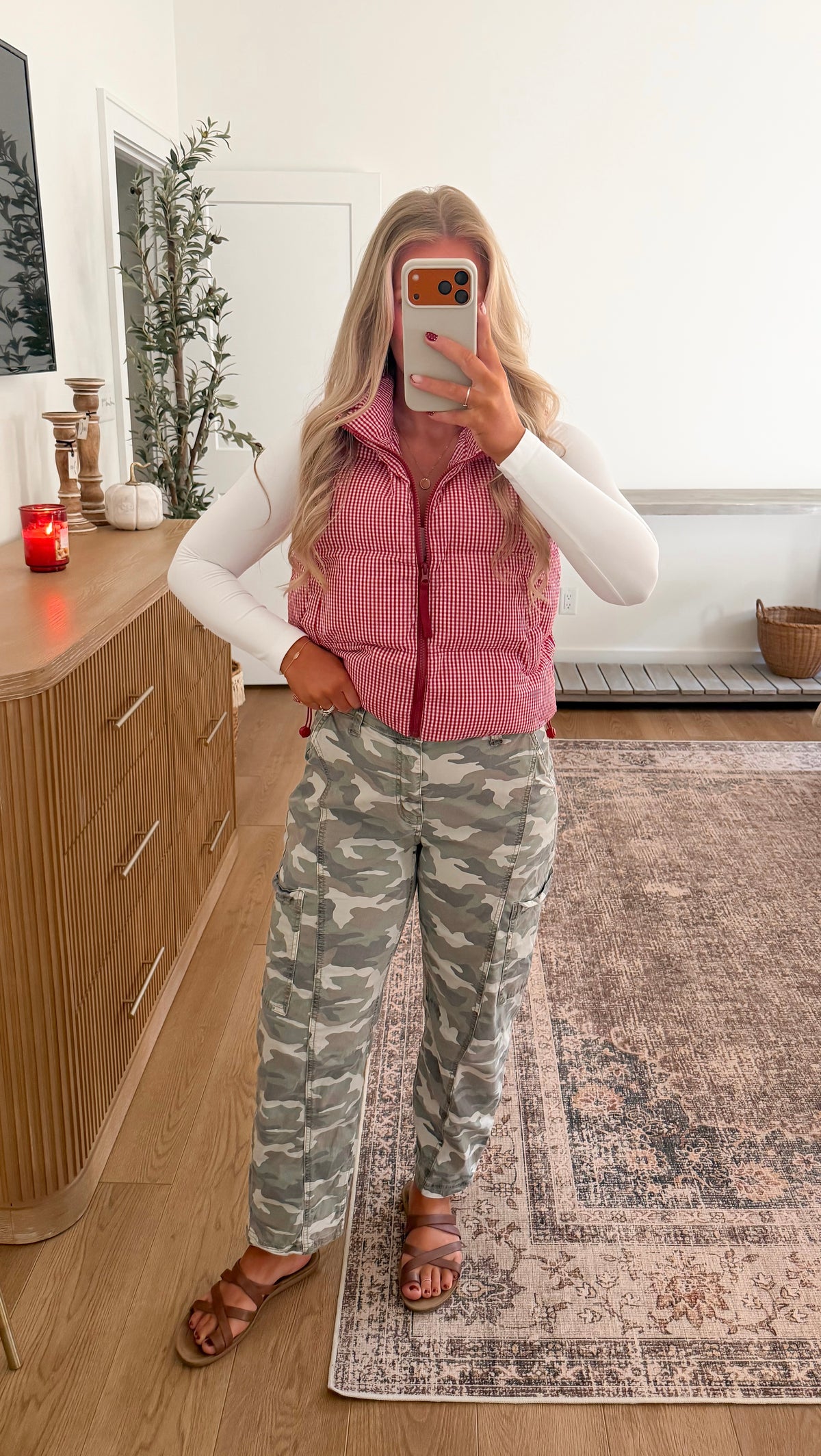 Gingham Puffer Vest - Red