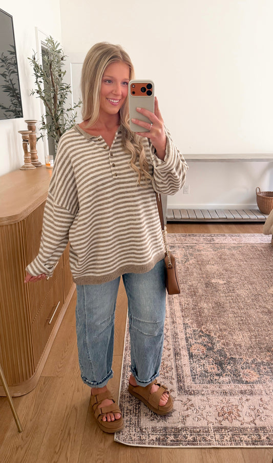 Striped Teddy Henley Sweater RESTOCKED