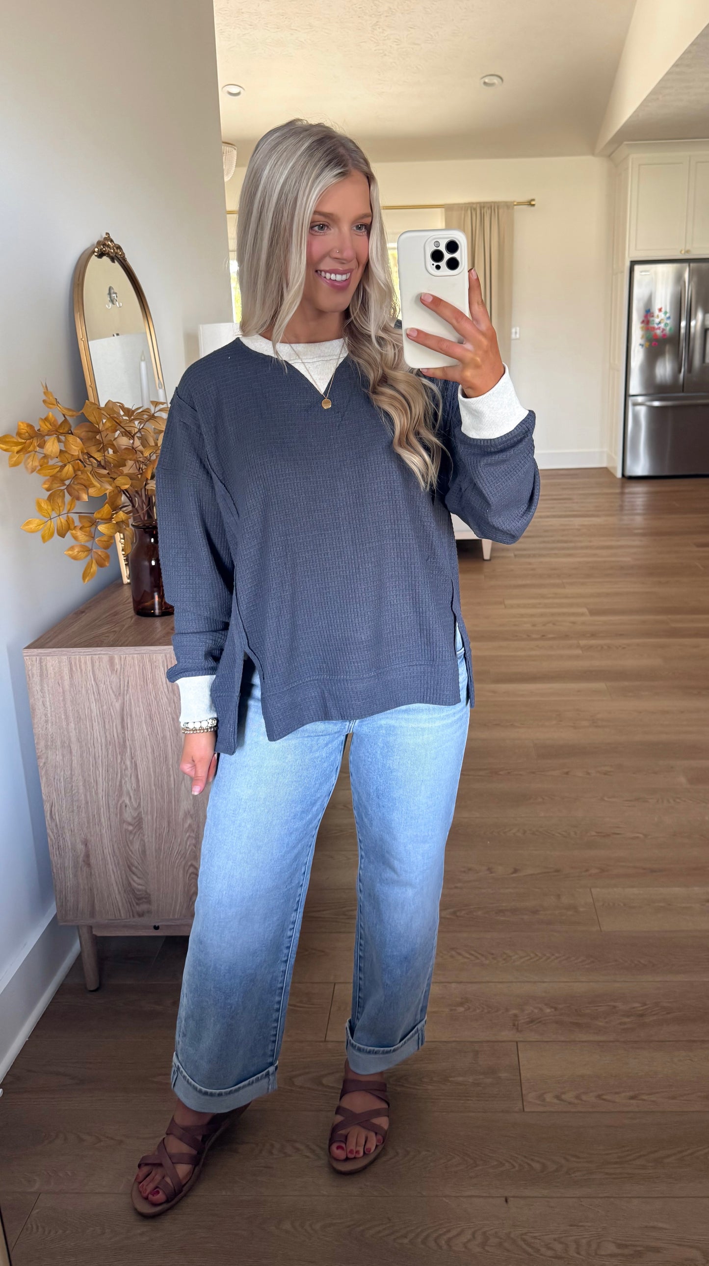 Feeling Good Waffle Sweater - Navy