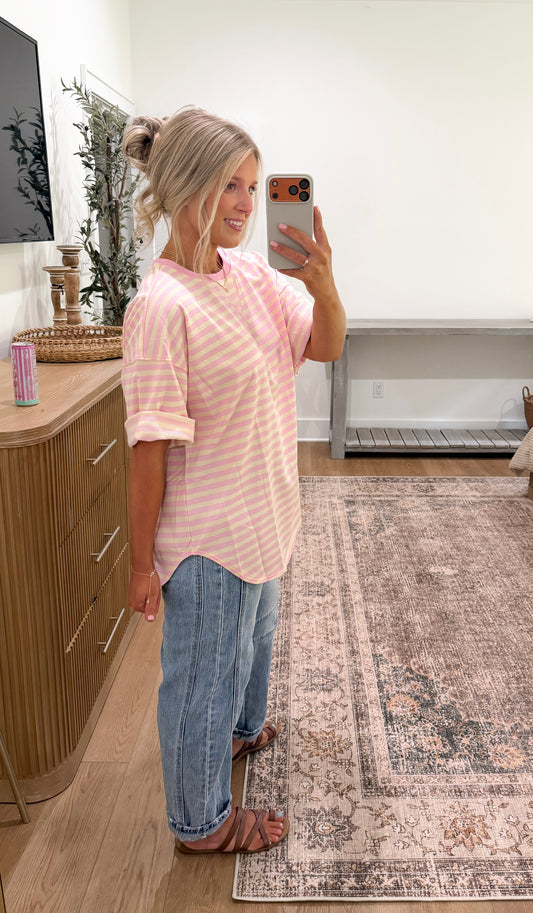 French Terry Oversized Tee - Cream Pink LARGE
