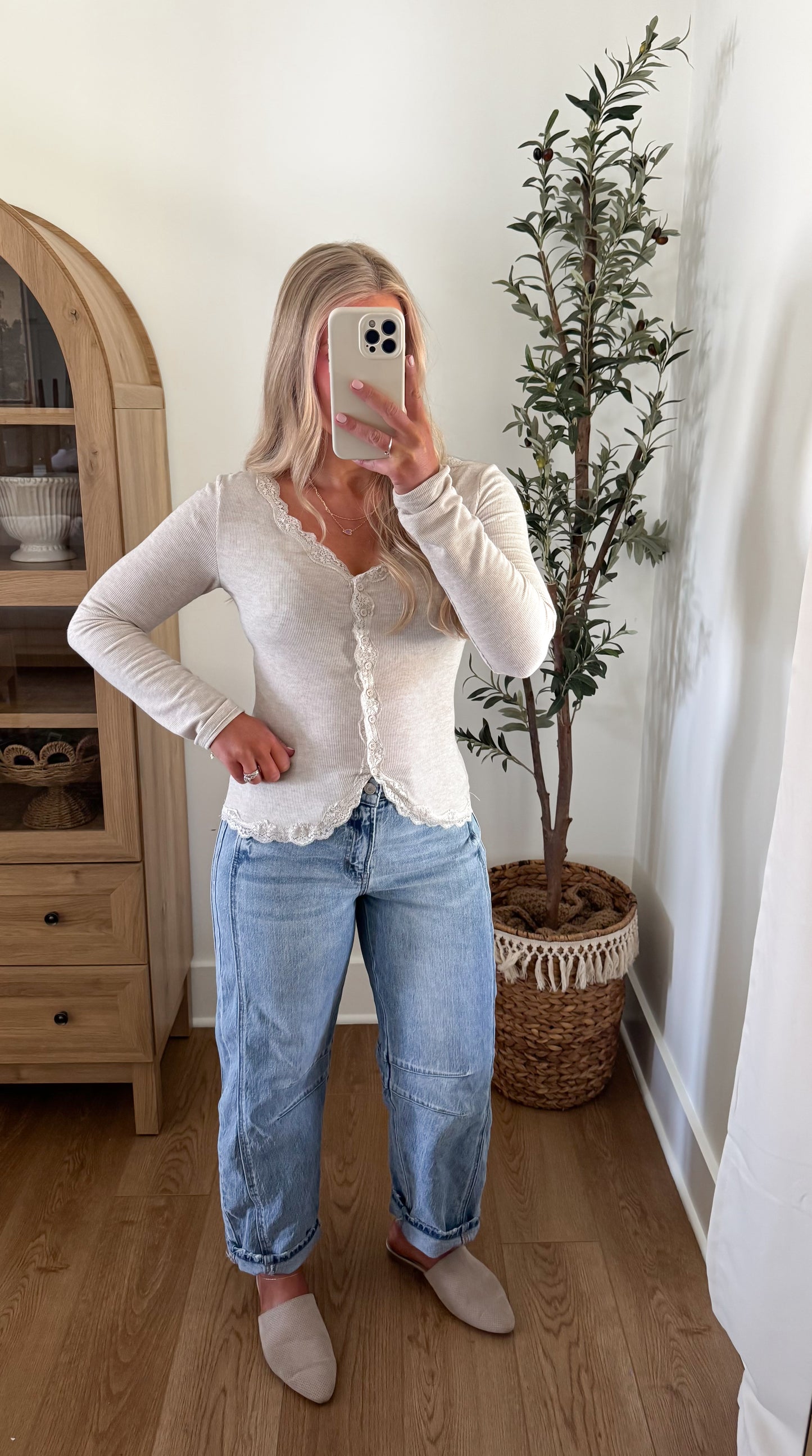 Lace Button Front Top - Oatmeal