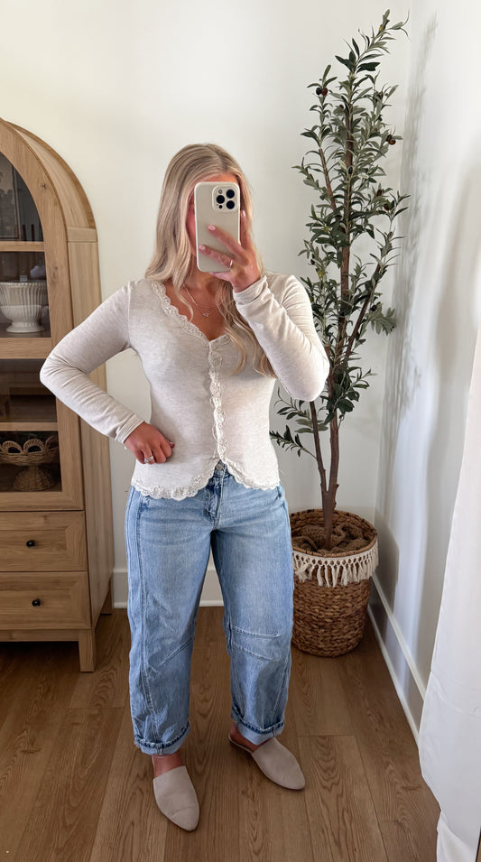 Lace Button Front Top - Oatmeal
