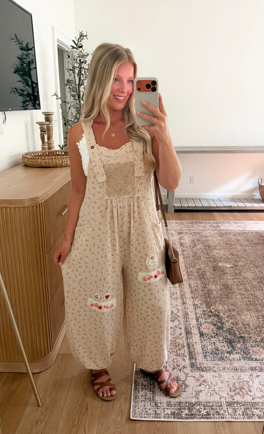 Garden Floral Overalls - Taupe