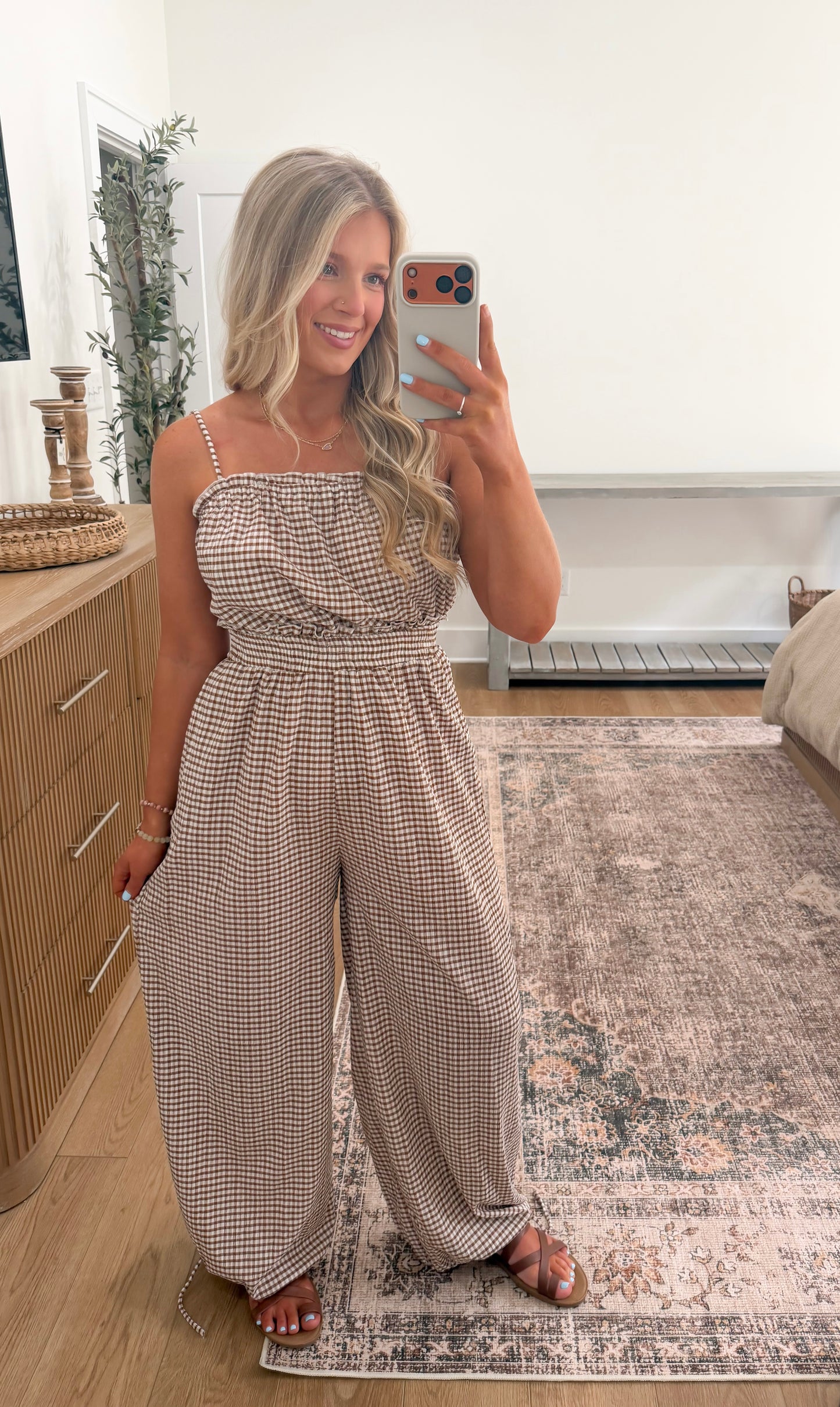 Gingham Jumpsuit - Brown