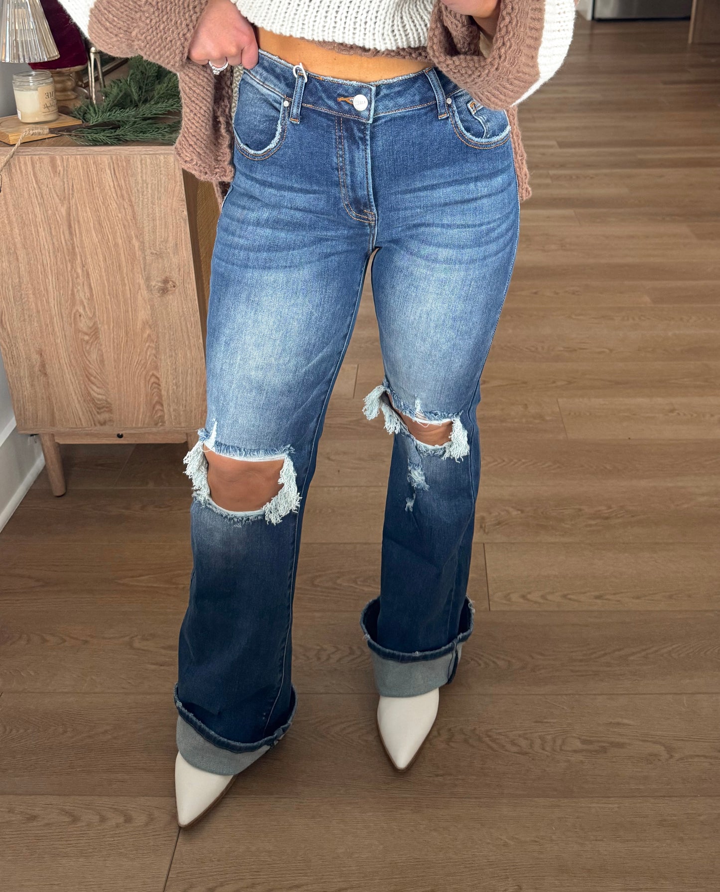 Risen Distressed Flare Denim