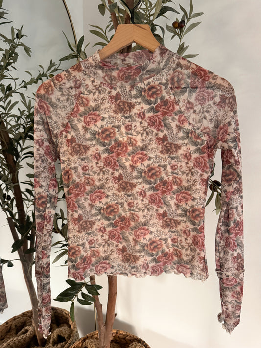 Floral Mesh Mock Neck - Cream
