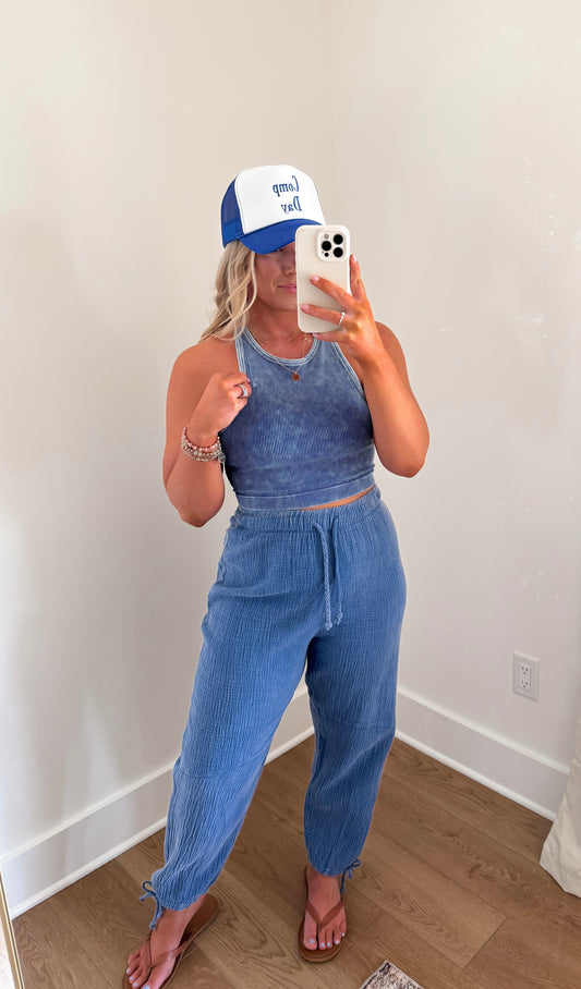 Navy Ribbed Padded Tank