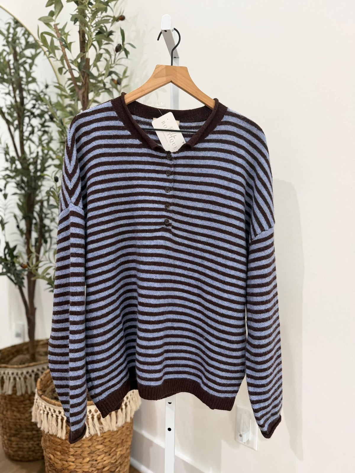 Striped Teddy Henley Sweater - Brown/Blue