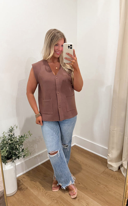 Sleeveless Button Down Sweater - Toffee