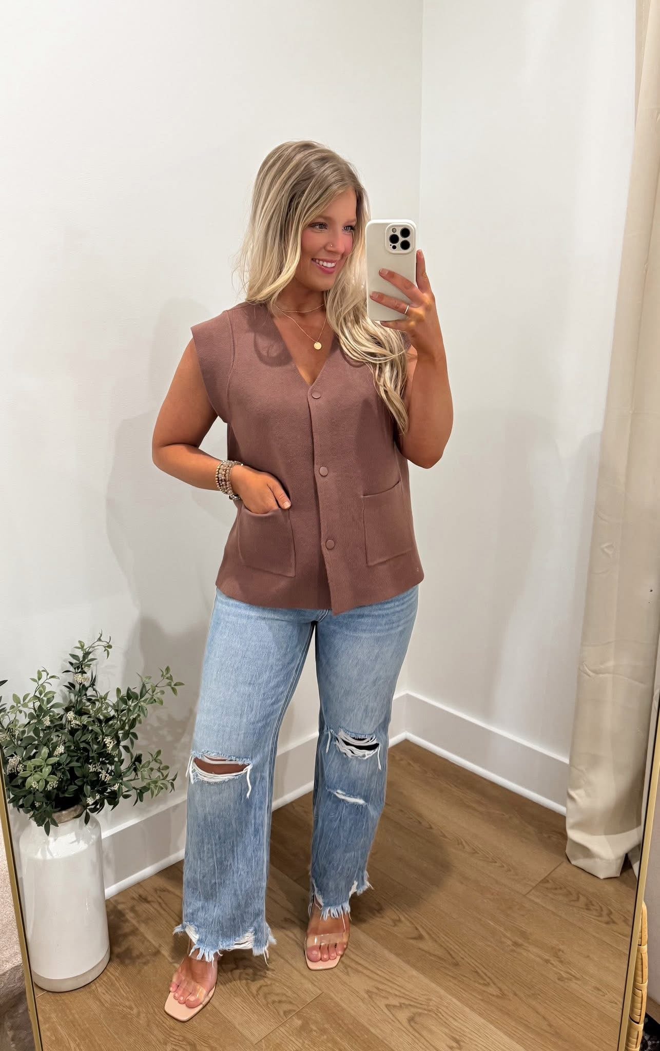 Sleeveless Button Down Sweater - Toffee