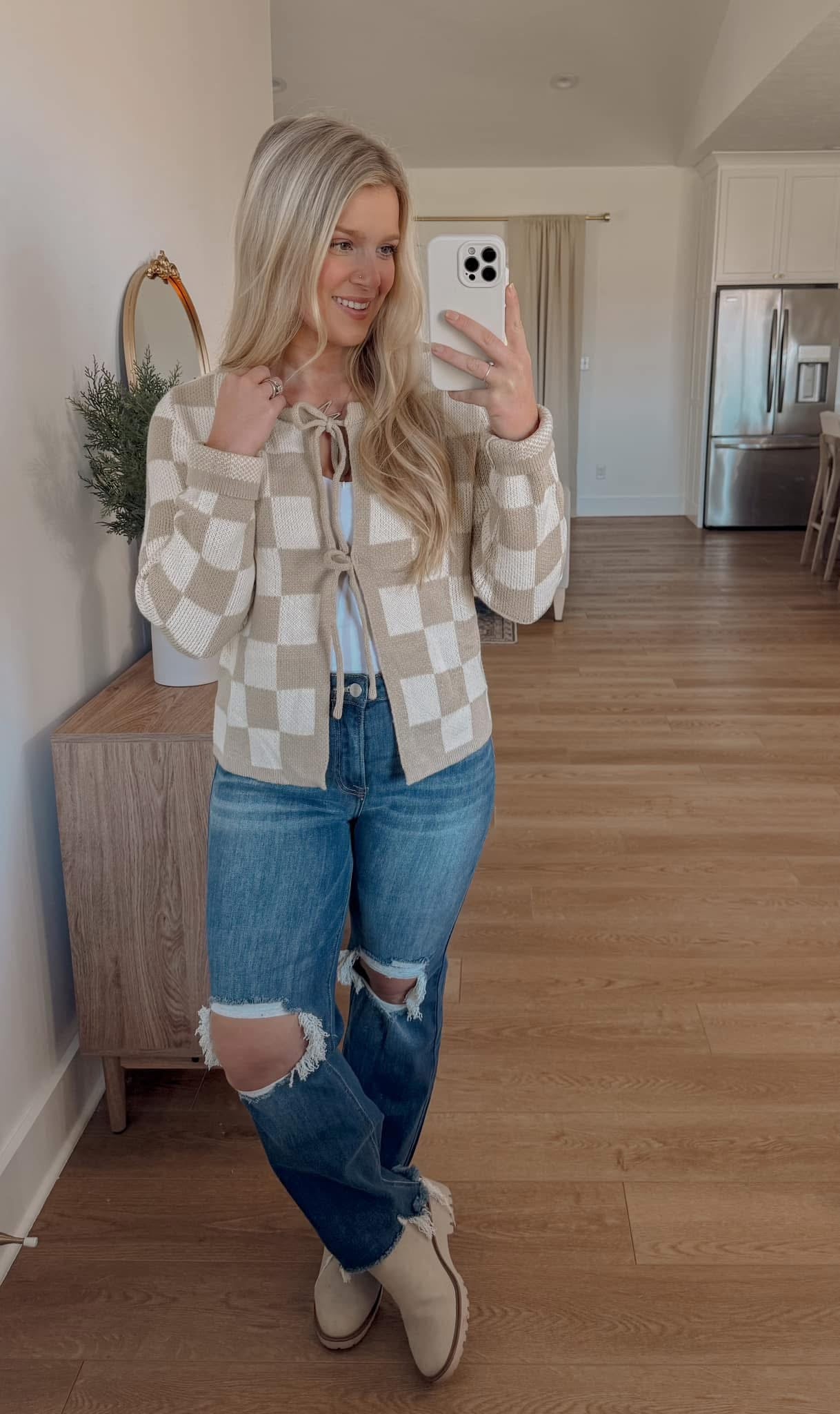 Checkered Knit Bow Cardigan