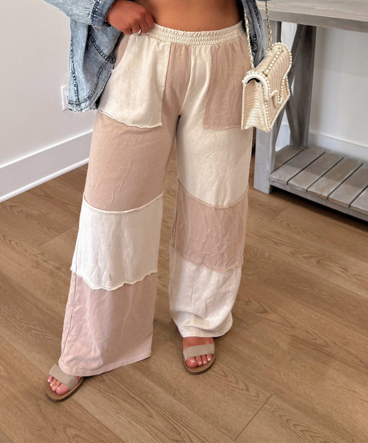 Colorblock Wide Leg Pants - Natural