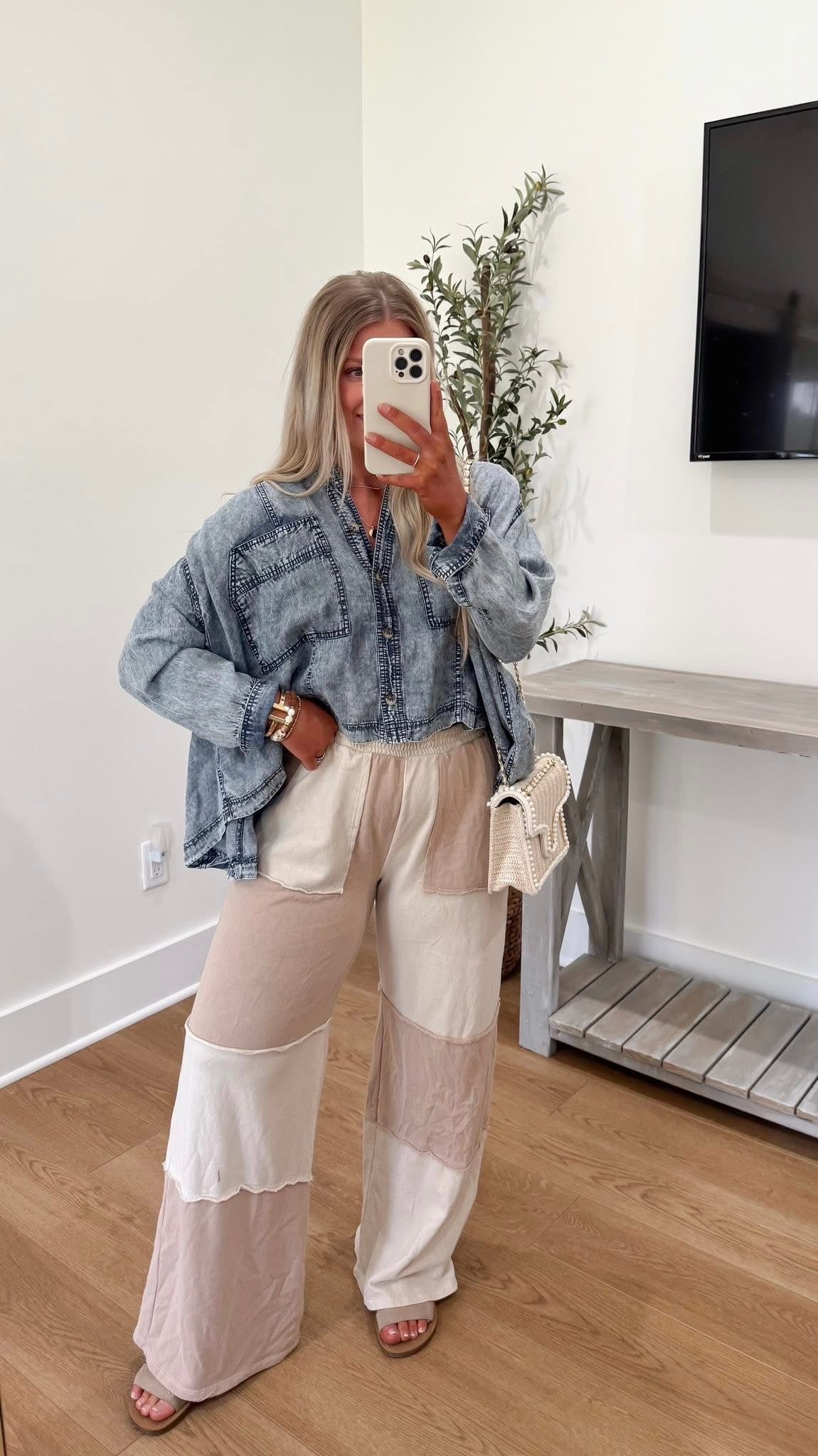 Colorblock Wide Leg Pants - Natural