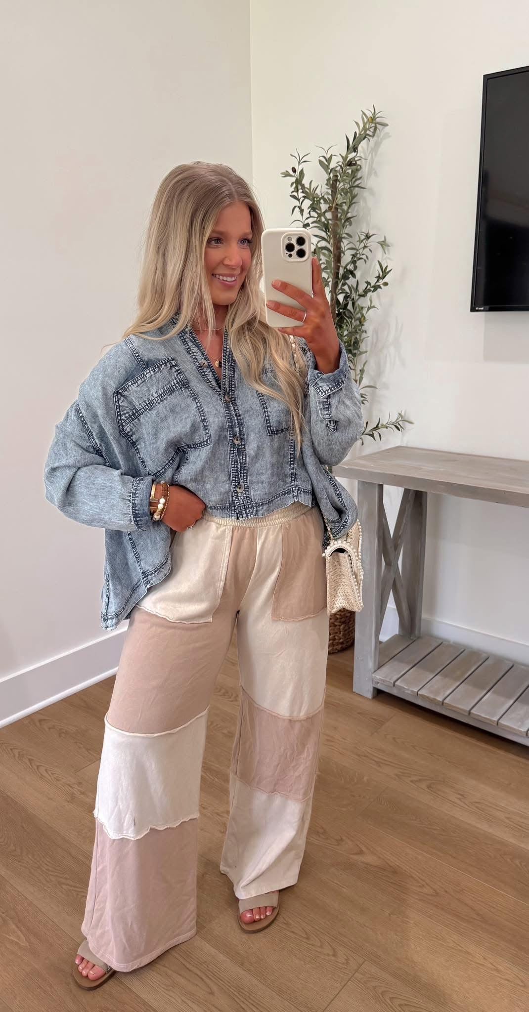 Colorblock Wide Leg Pants - Natural