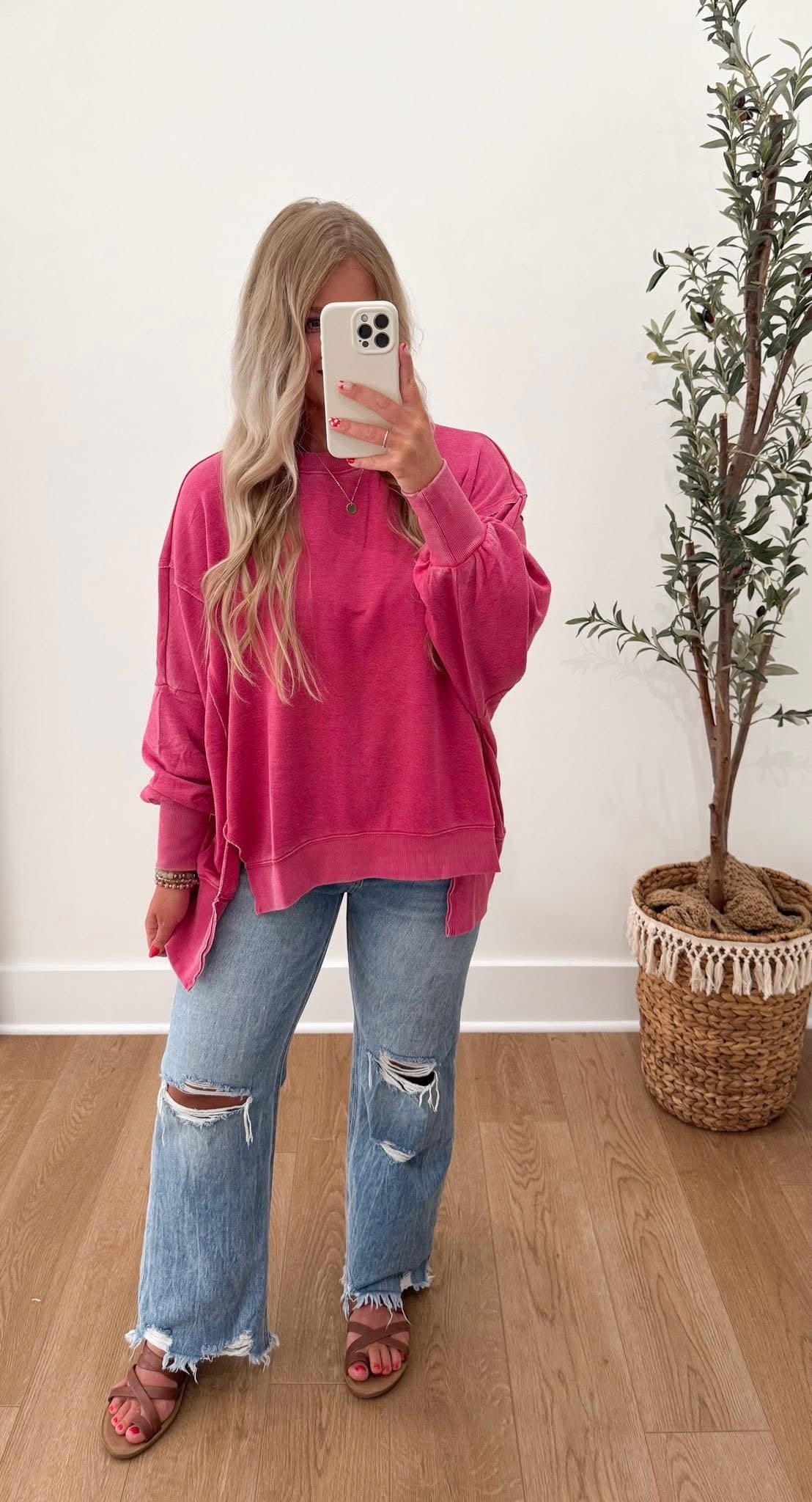 Mineral Washed Pullover - Magenta