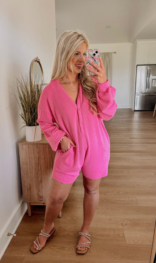 Easy Breezy Ribbed Romper - Fuschia
