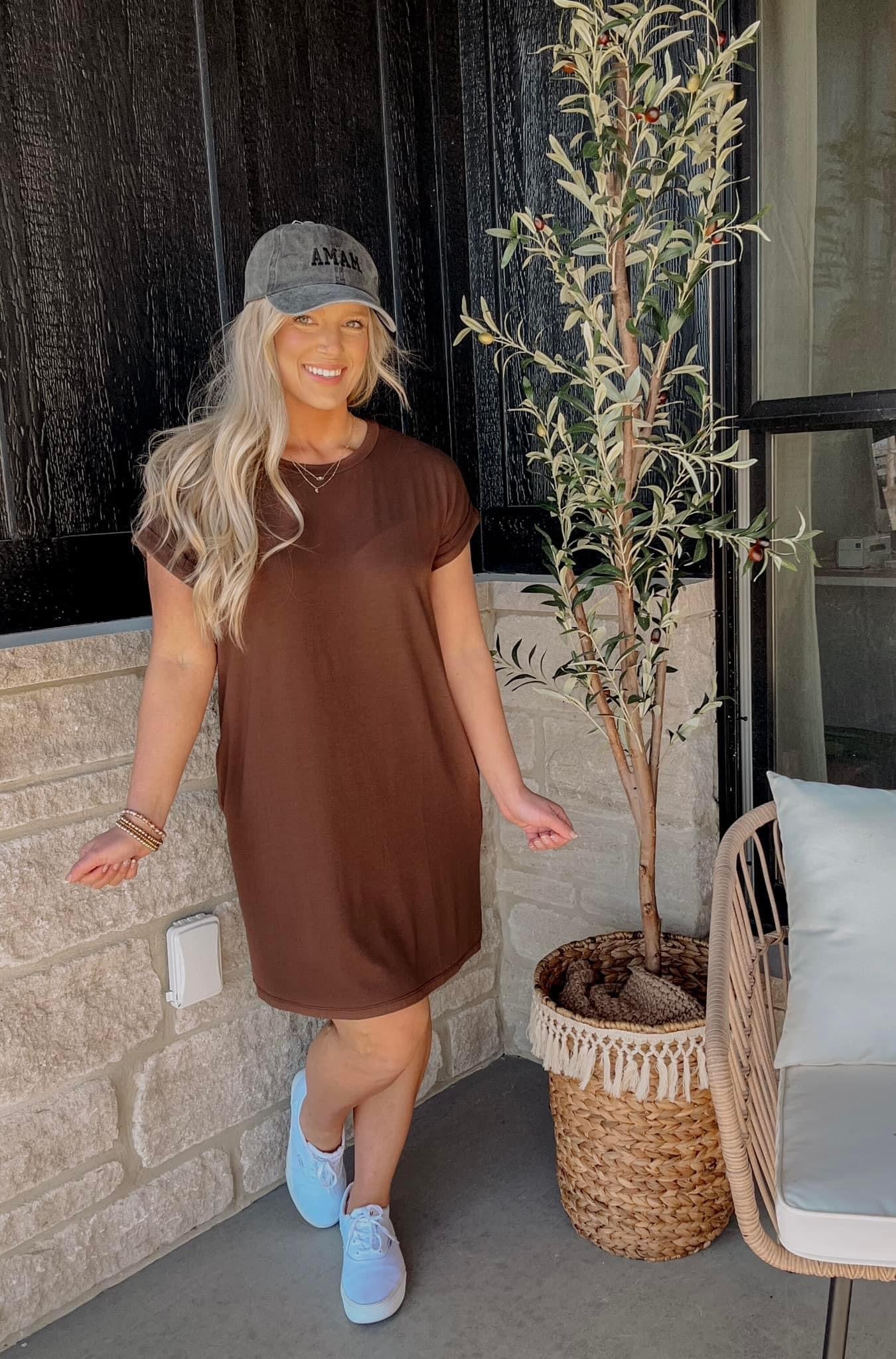 On The Go T-Shirt Dress- Brown