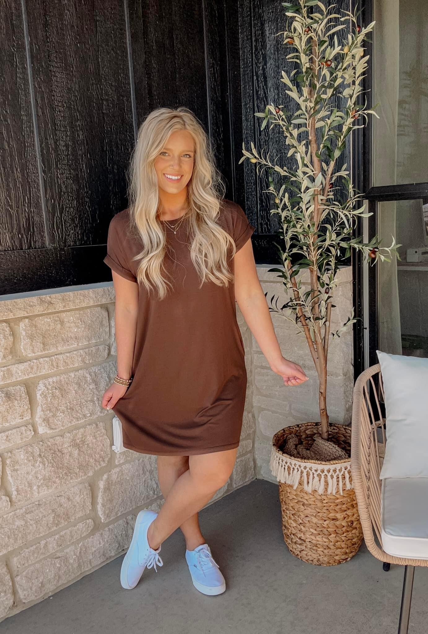 On The Go T-Shirt Dress- Brown