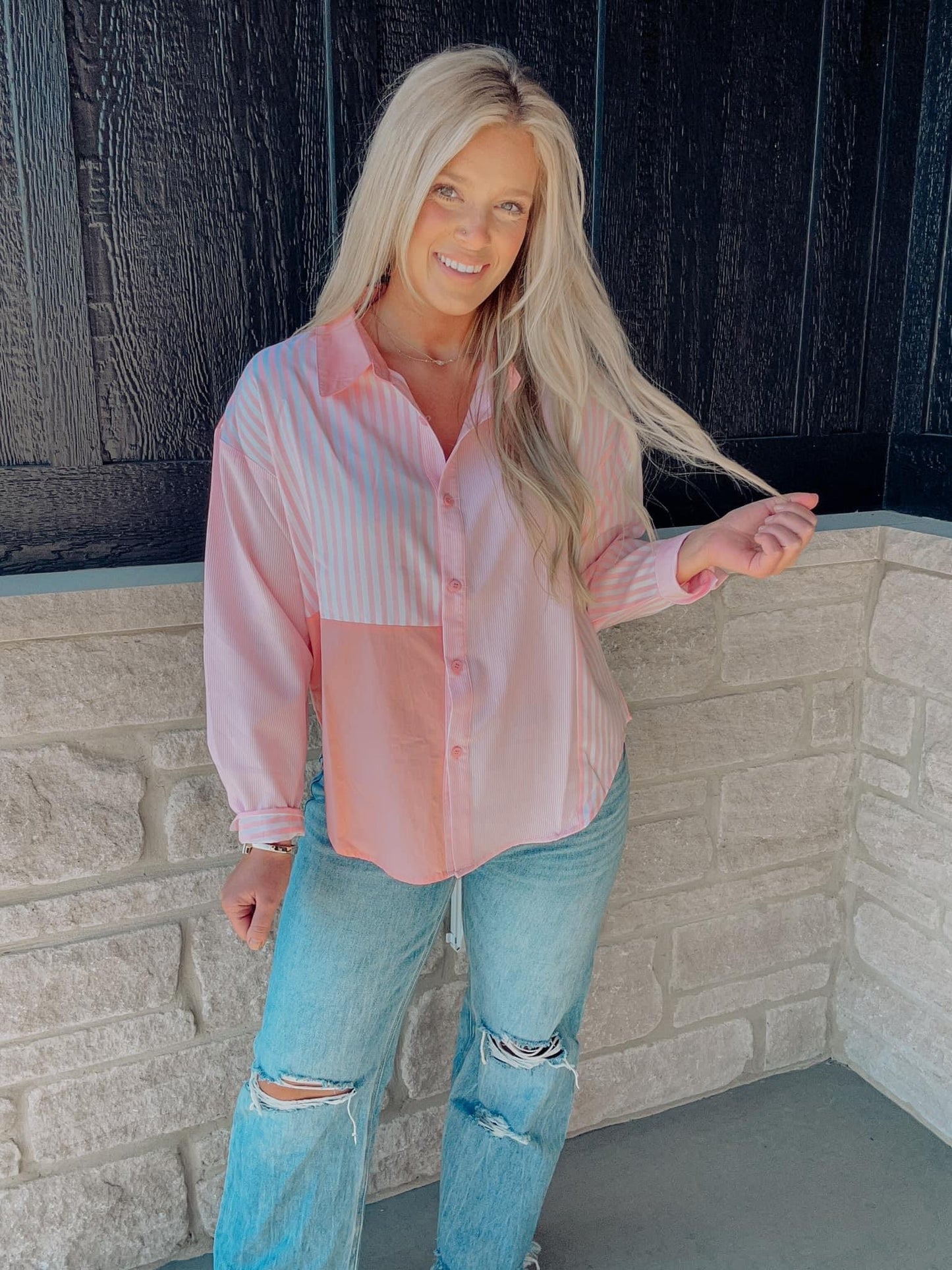 Mix Print Button Up - Pink