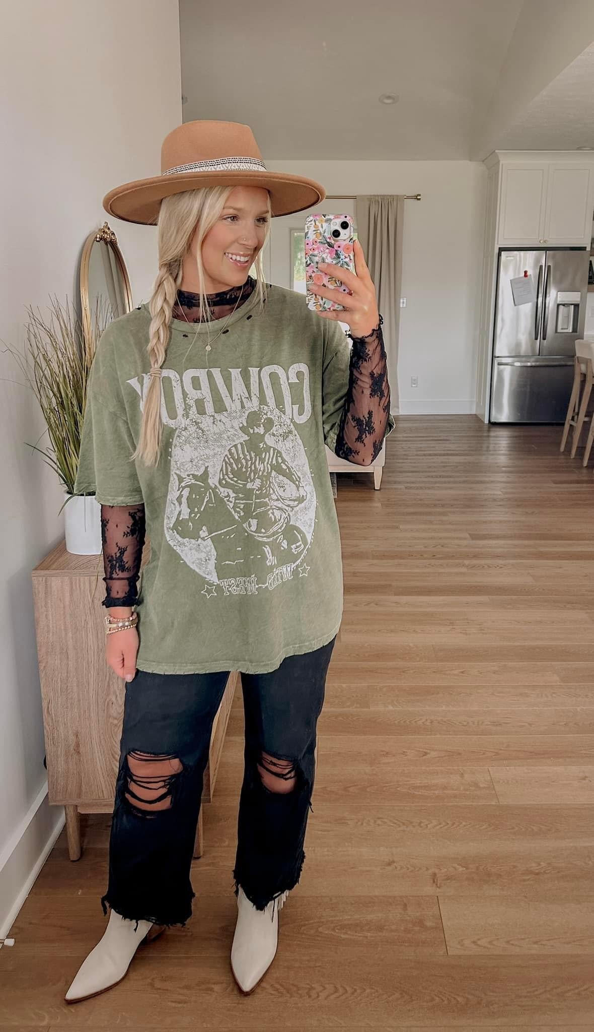 Cowboy Distressed Tee - Washed Olive